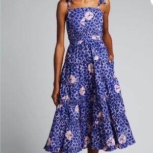 Ulla Johnson Eryn Printed Poplin Midi Dress Shibori Print Cotton Blue Sz 10 NWT